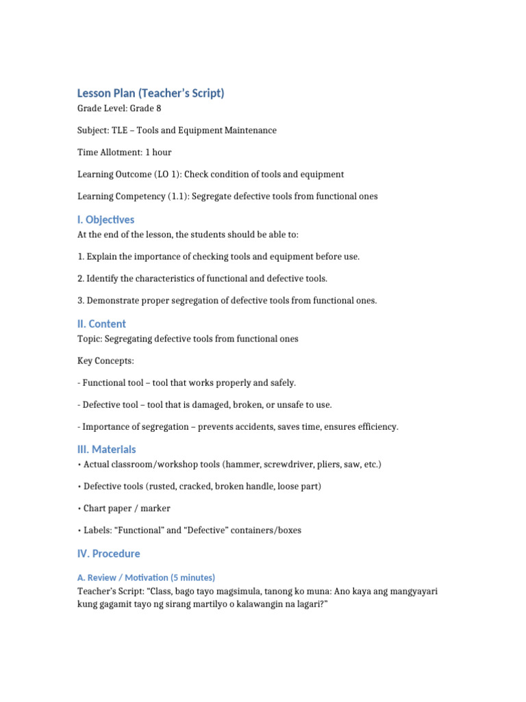 Grade8 TLE LessonPlan CheckTools | PDF | Pedagogy | Behavior Modification