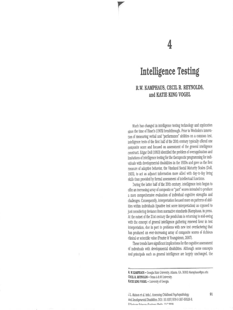 Kamphaus Et Al Intelligence Testing Chapter | PDF