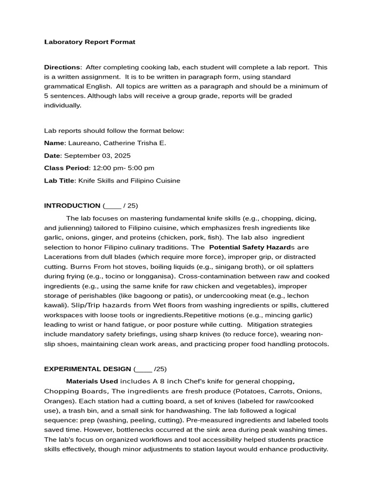 Specialty Cuisine Laboratory Report 1 | PDF | Knife | Cuisine
