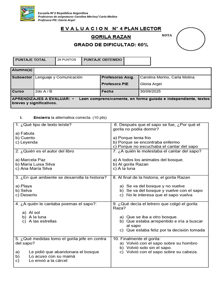 Prueba Gorila Razan Mayo 2do Basico | PDF