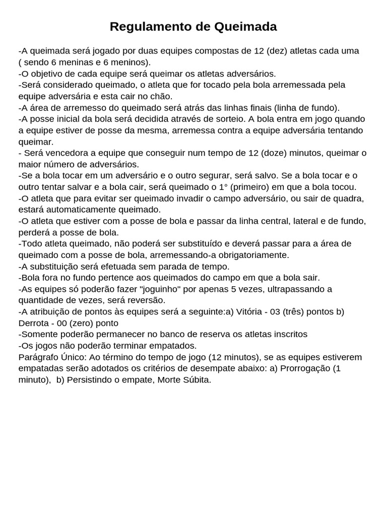 Regras do Jogo de Queimada: Regulamento Completo | PDF