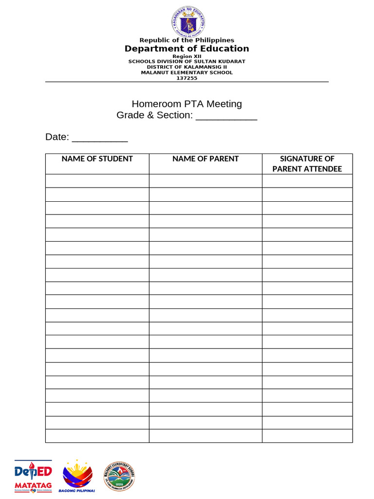 PTA Meeting Attendance Sheet | PDF