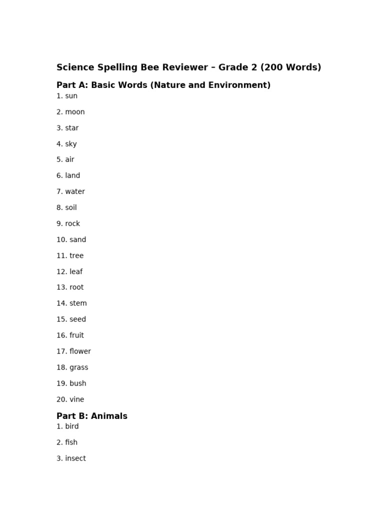 Grade 2 Science Spelling Bee Words | PDF