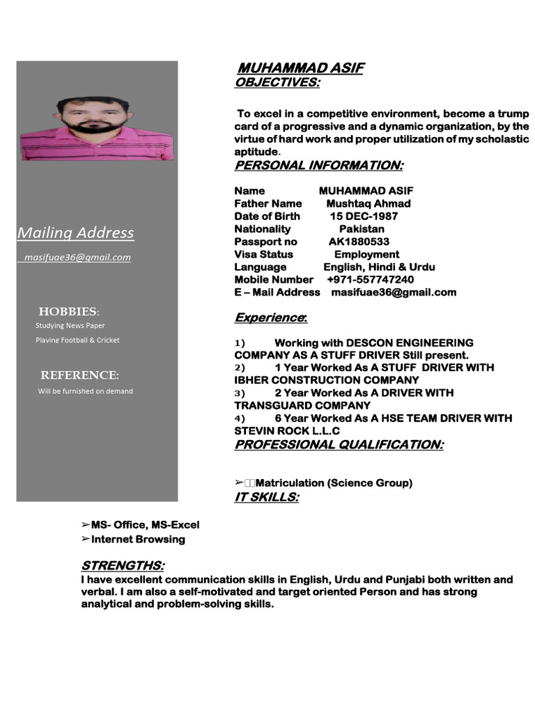 Muhammad Asif - Driver Resume | PDF