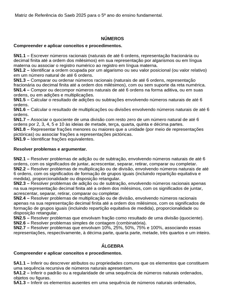 Matriz de Referência Saeb 2025 - 5º Ano | PDF | Número racional | Geometria