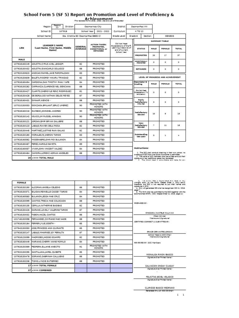 Grade 6 Promotion Summary Report | PDF