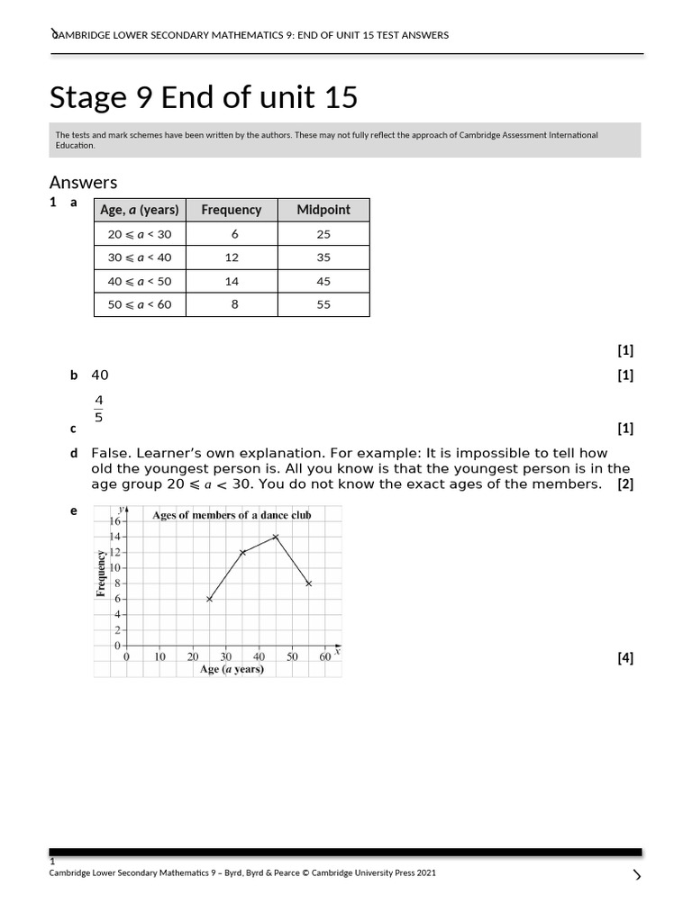 Cambridge Math 9 Unit 15 Test Answers | PDF | Educational Assessment ...
