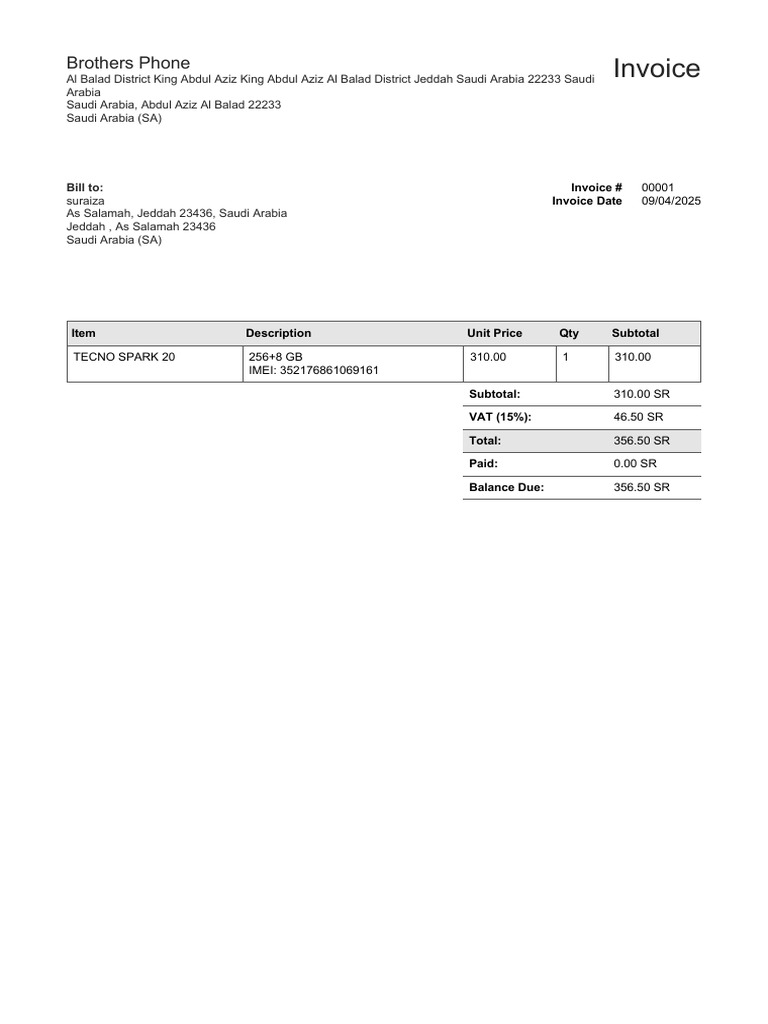 Invoice for TECNO SPARK 20 Purchase | PDF