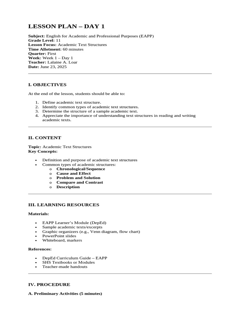Academic Text Structures Lesson Plan | PDF | Essays | Lesson Plan
