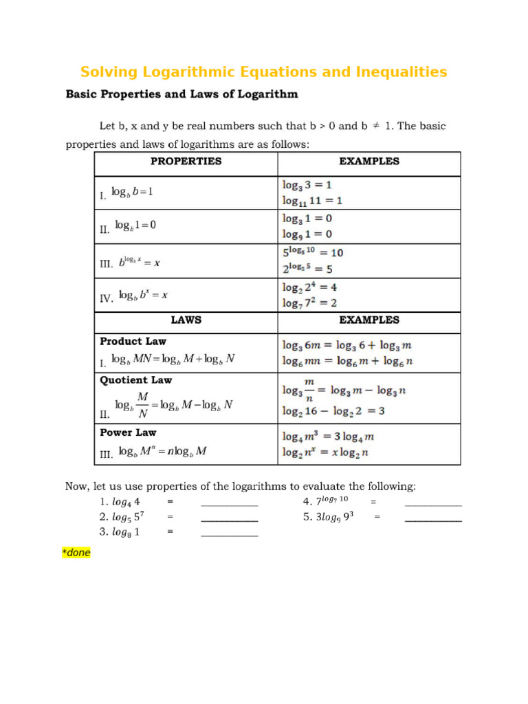 Solving Logarithmic Equations and Inequalities | PDF