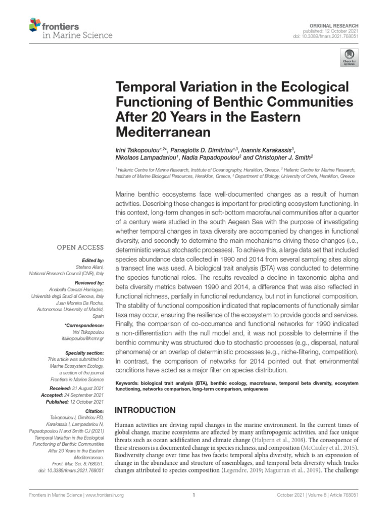 Temporal Variation in The Ecological Functioning of Benthic 43r7ye59zi ...