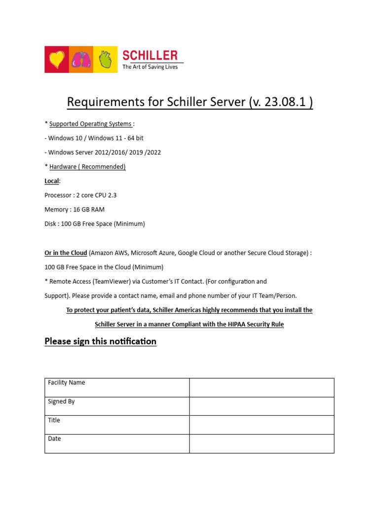 Schiller Server Requirements 2024 | PDF