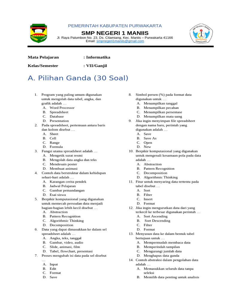 Soal Sts Saja Informatika Kelas 8 Pdf