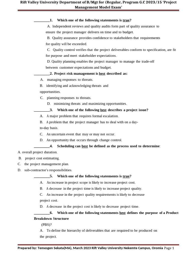 Project Management Model Exam Questions | PDF | Project Management ...