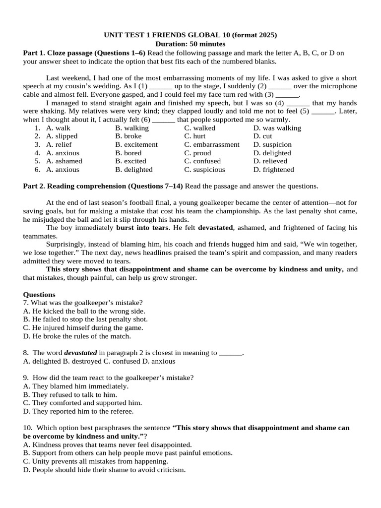Unit Test 1 Friends Global 10 | PDF | Shame | Emotions