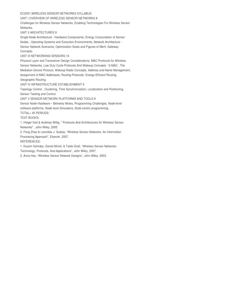Wireless Sensor Networks Syllabus | PDF