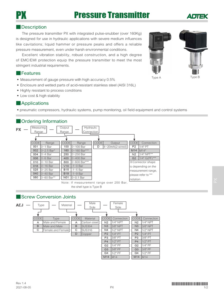 PX Pressure Transmitter Specifications | PDF | Electrical Connector ...