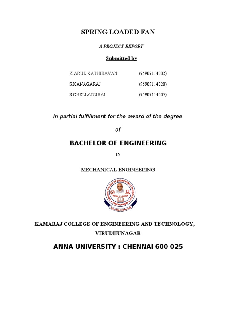 SPRING LOADED FAN (Ack Table of Content Etc..) | PDF | Gear | Doctor Of ...
