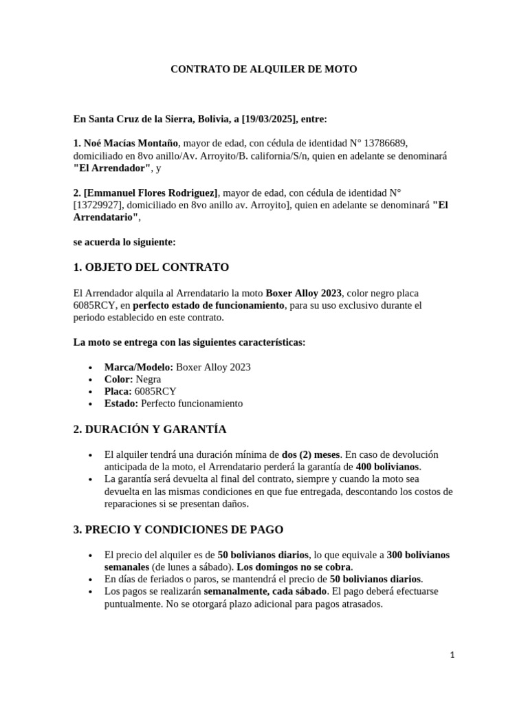 Contrato de Alquiler de Moto en Bolivia | PDF