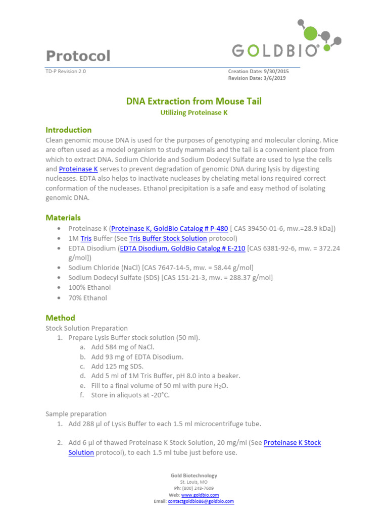 Mouse Tail DNA Extraction Protocol | PDF | Lysis | Sodium