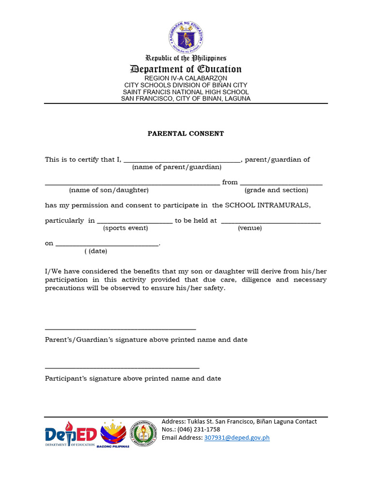 Parental Consent for School Intramurals | PDF