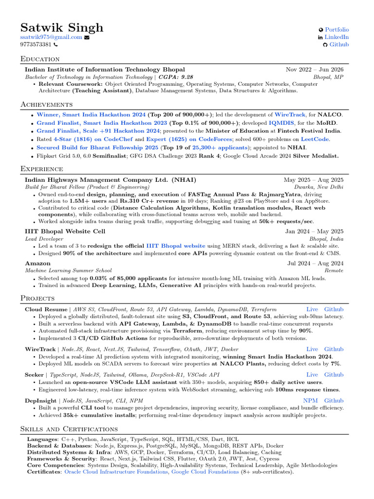 Satwik Kumar's IIT Delhi Portfolio | PDF | Computer Engineering | Computing