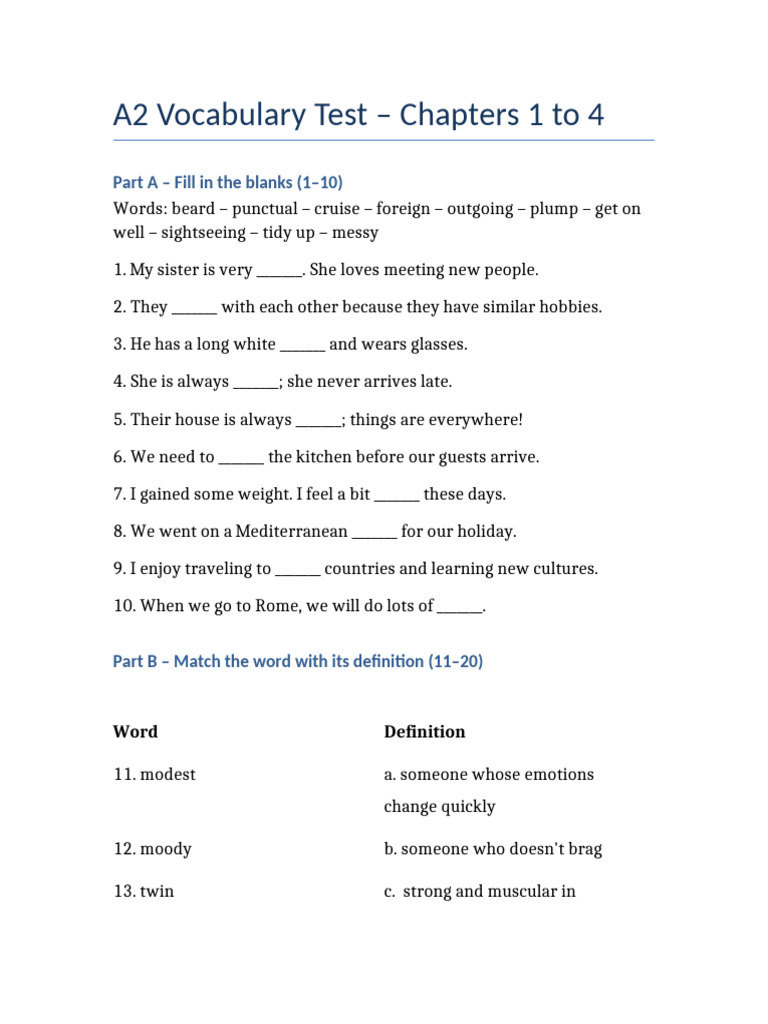 A2 Vocabulary Test Ch1-4 | PDF