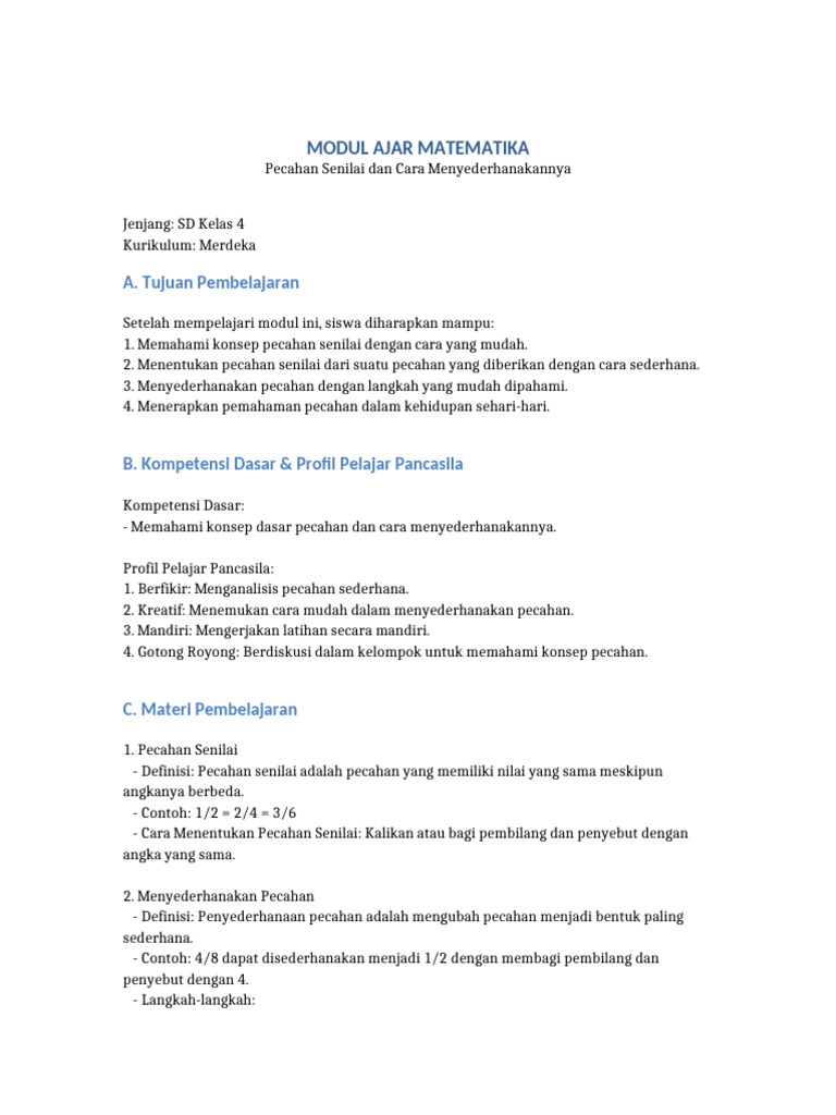 Modul Ajar Pecahan Kelas 4 SD | PDF
