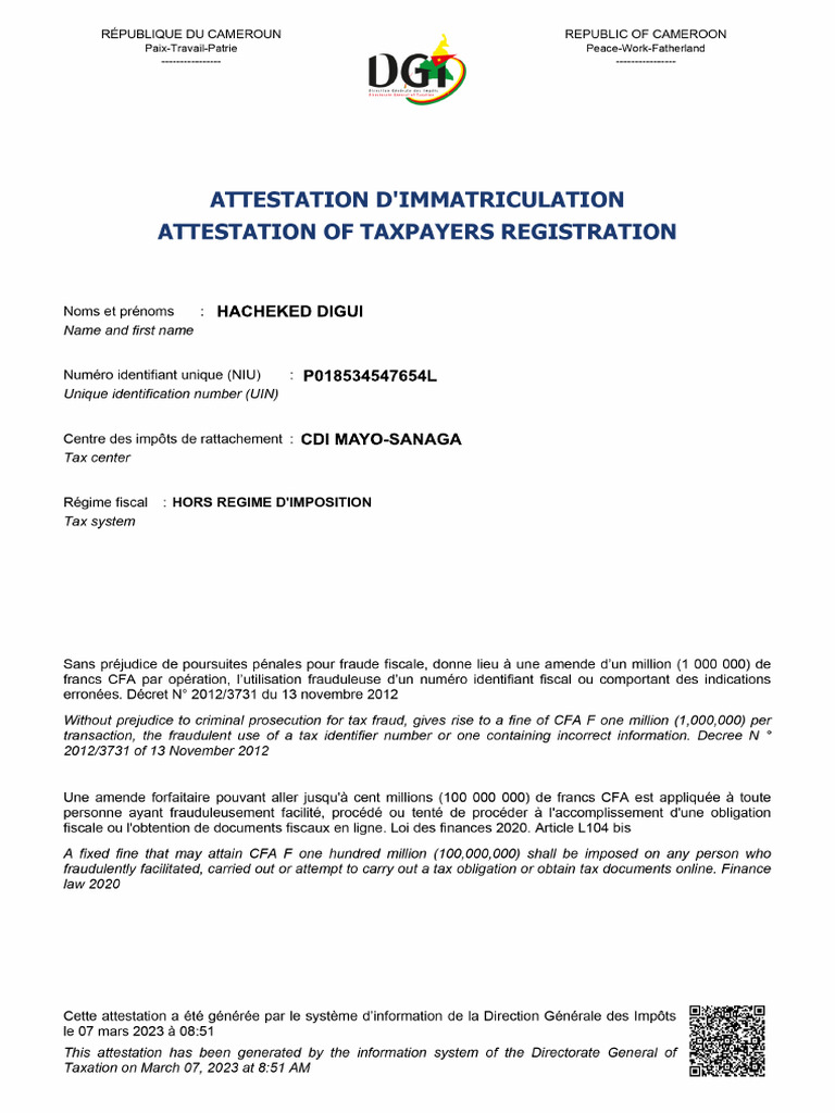 Attestation Dimmatriculation Digui | PDF