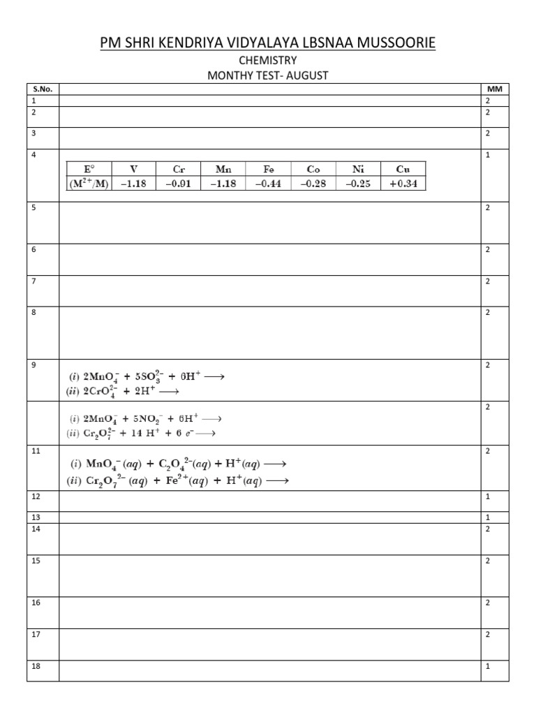 Monthly Test August Chapter D and F Block Elements | PDF | Transition ...