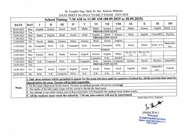 Half Yearly Exam Datesheet 2025 | PDF
