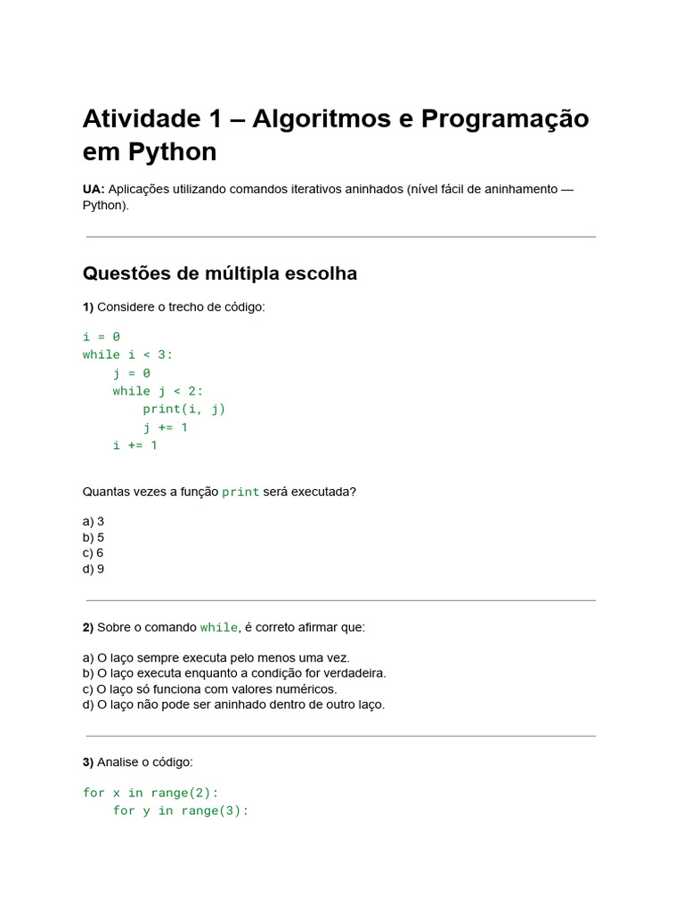 Algoritmos em Python: Questões e Respostas | PDF | Python (linguagem de ...