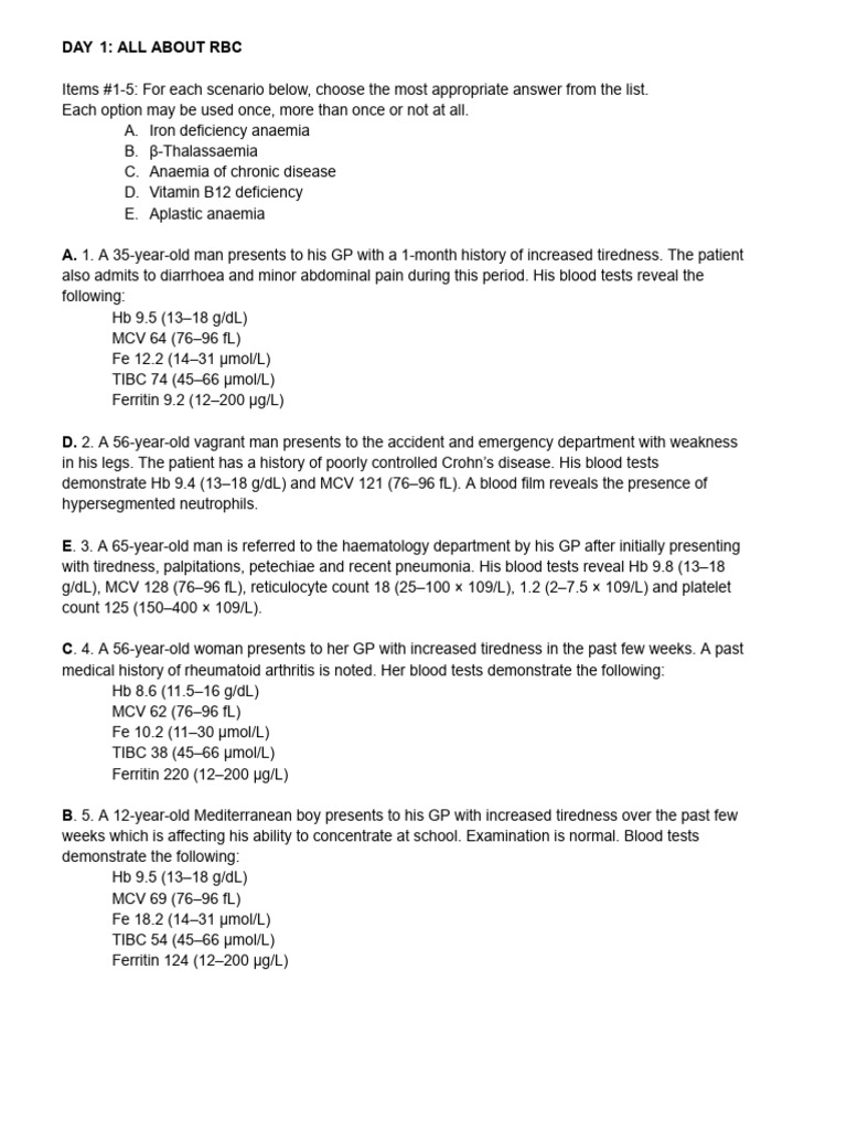 RBC Disorders and Diagnostic Scenarios | PDF | Red Blood Cell | Anemia