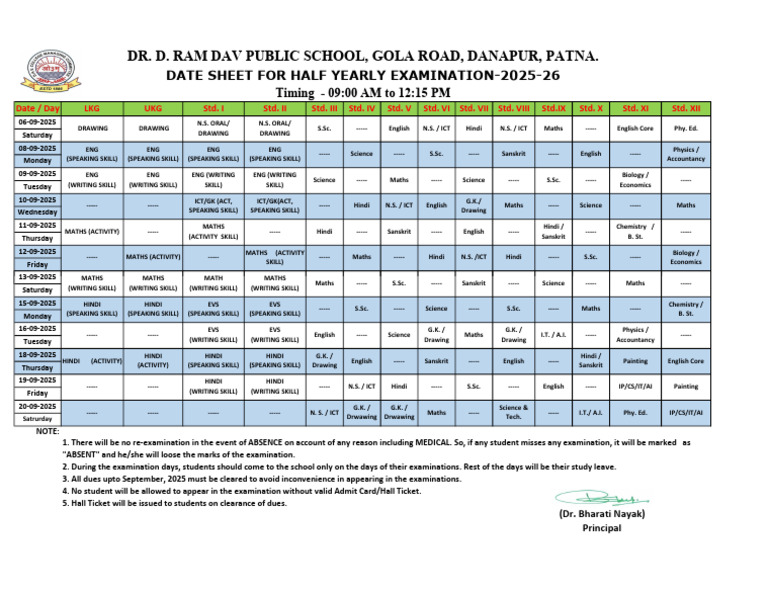 Half Yearly Exam Date Sheet 2025-26 | PDF