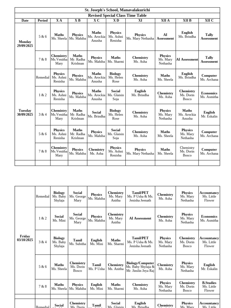 St. Joseph's School Class Timetable 2025 | PDF | Natural Sciences