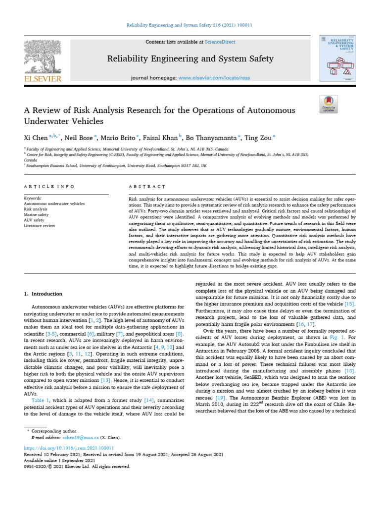 Risk Analysis for Autonomous Underwater Vehicles | PDF | Risk ...