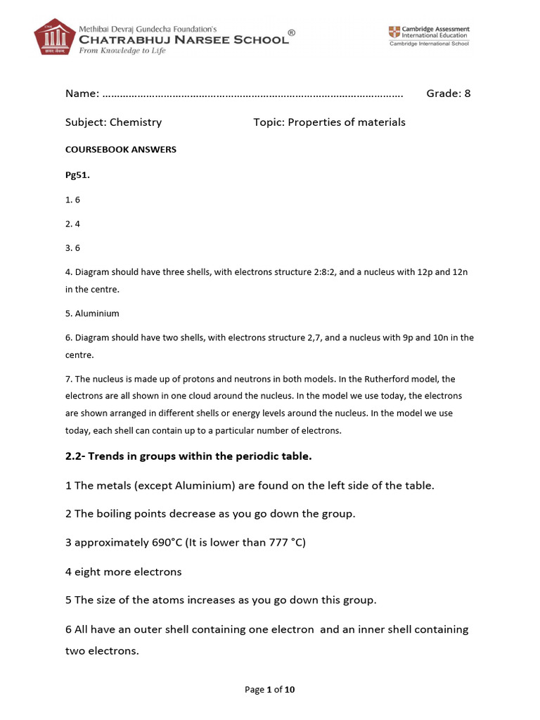 Gr8 Chemistry Unit2 Material Properties Answers | PDF | Chemical Bond | Ion
