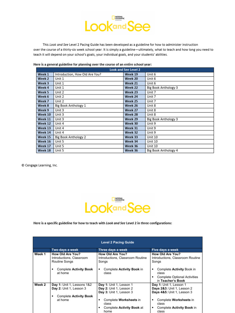 Look and See Level 2 Pacing Guide | PDF | Learning | Teaching