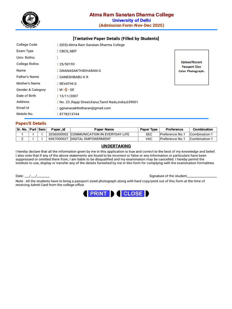 ARSD College Admission Form 2025 | PDF