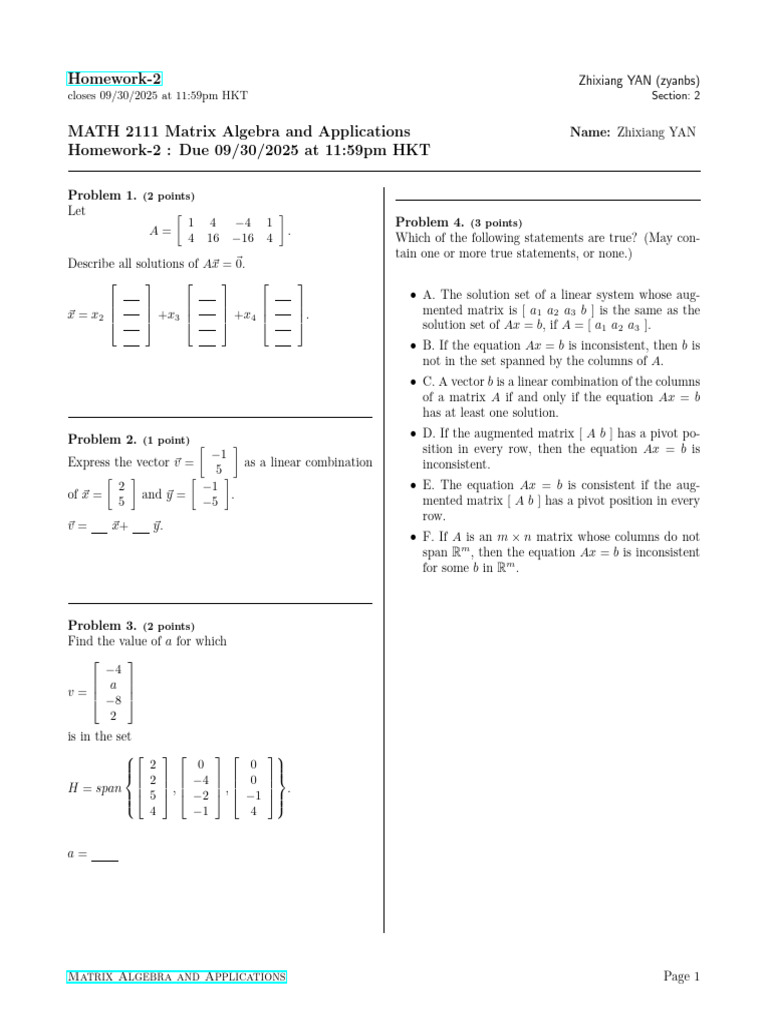 MATH 2111 Homework-2 Matrix Algebra | PDF | Matrix (Mathematics ...