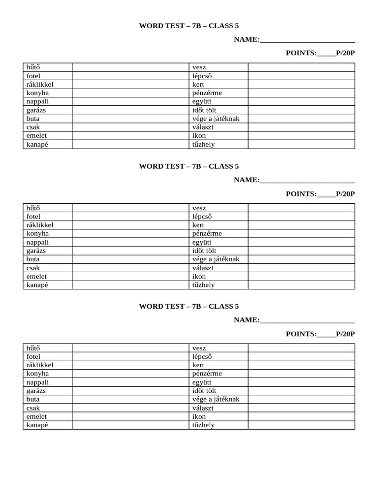 Wordtest 5 Oszt 7 B | PDF
