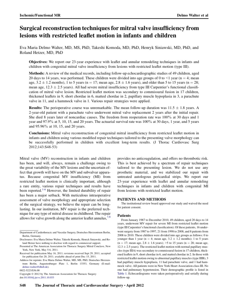 Mitral Valve Repair in Children: Techniques and Outcomes | PDF | Heart ...