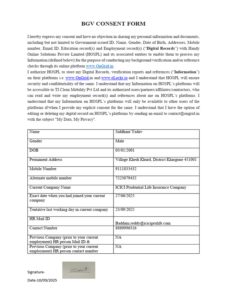 BGV Consent Form for Personal Data Sharing | PDF