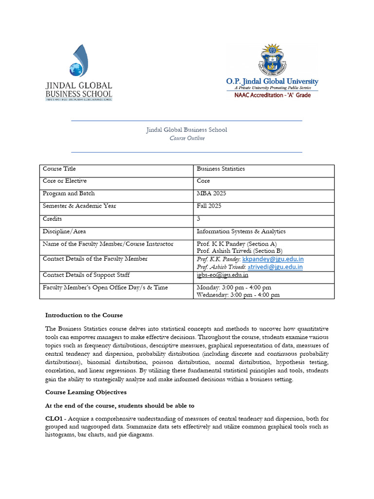 Business Statistics Course Outline MBA 2025 | PDF | Statistics ...