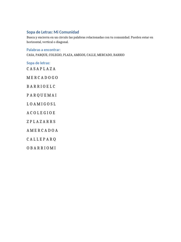 Sopa de Letras: Mi Comunidad | PDF