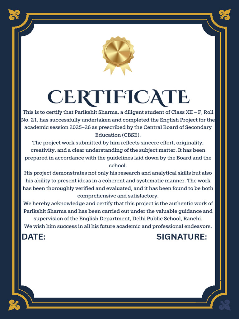 CBSE English Project Certificate 2025-26 | PDF