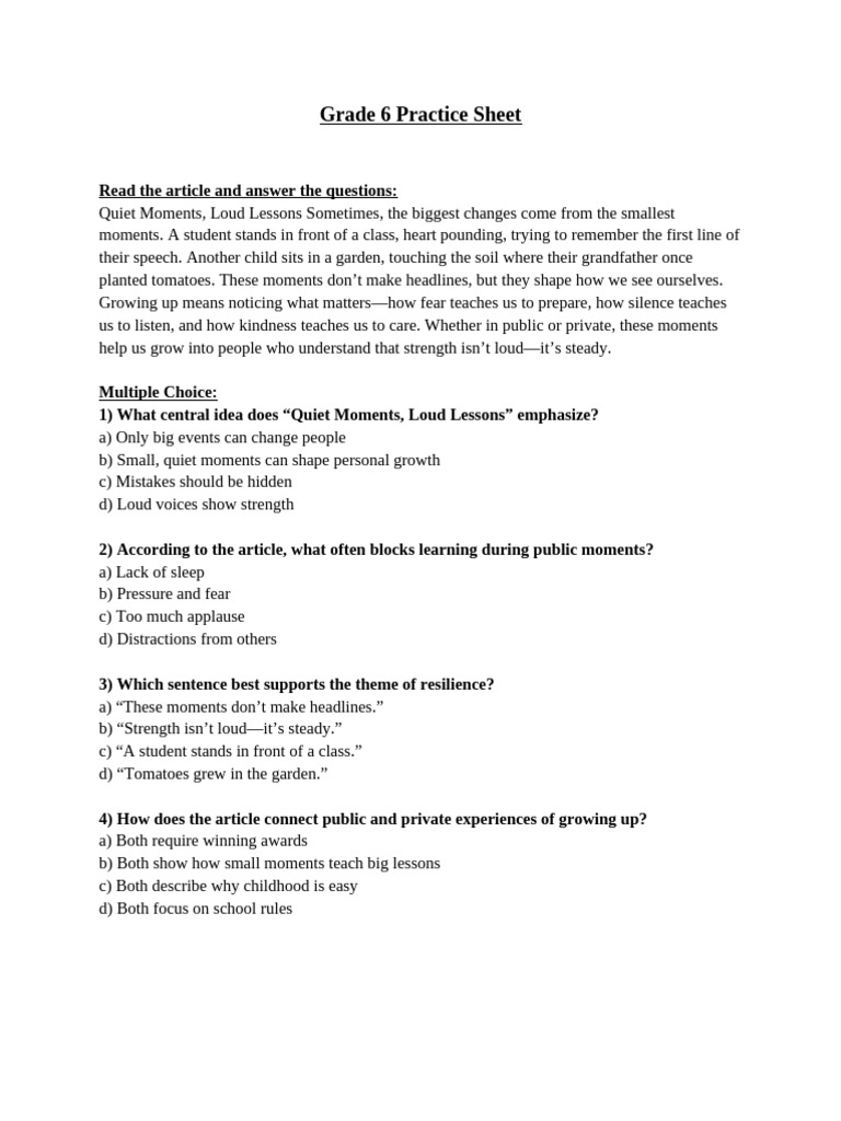 Grade 6 Personal Growth Practice Sheet | PDF
