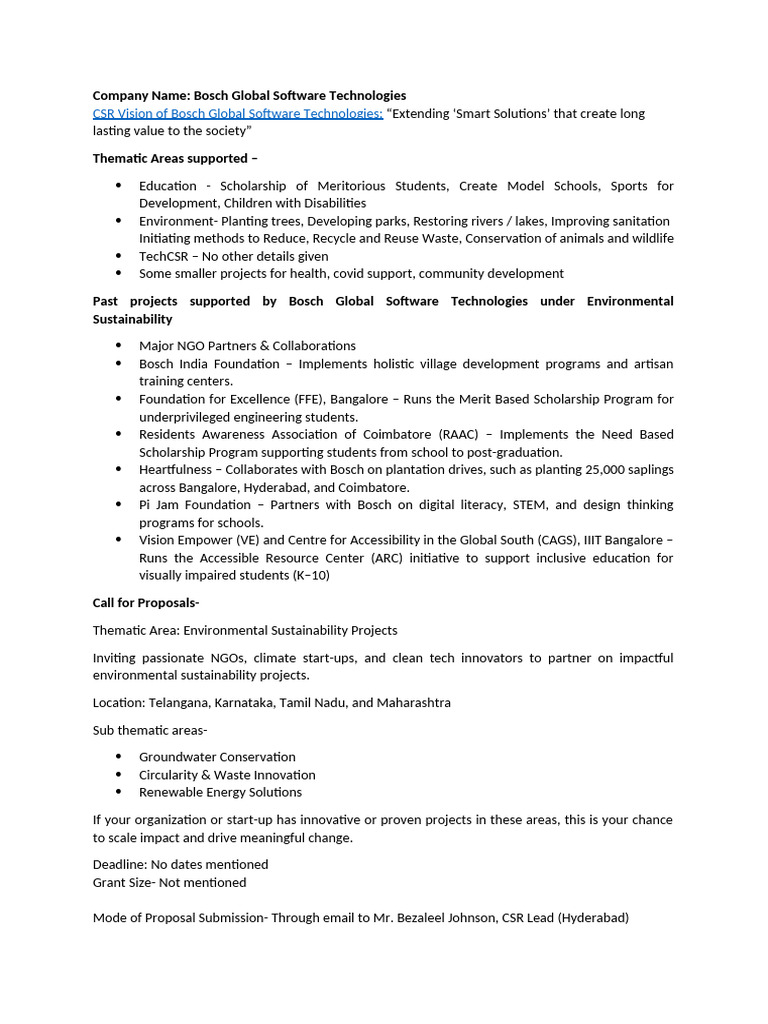 Bosch CSR Call For Proposals | PDF
