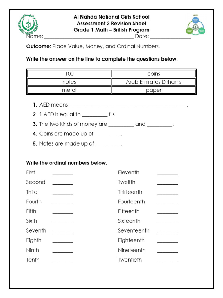 Grade 1 Math Revision: Place Value & Money | PDF