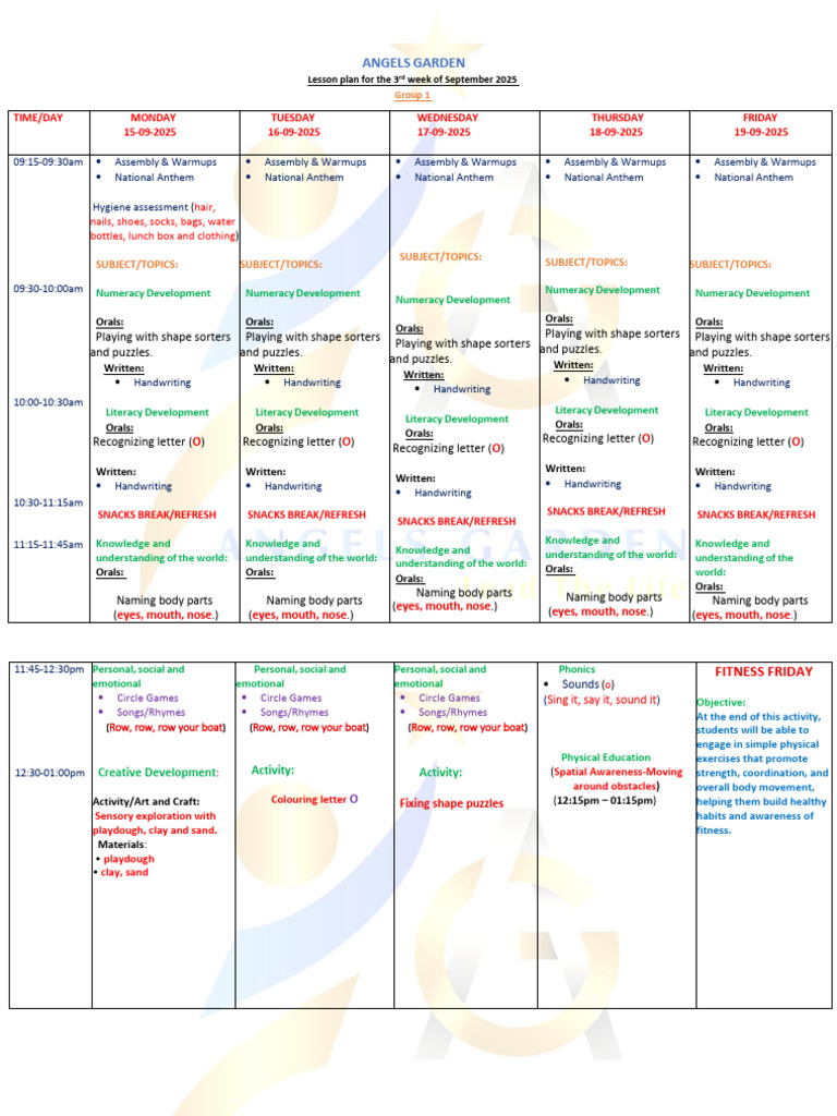 Class 1 Lesson Plan 3rd Week of September 2025 | PDF | Cognitive ...